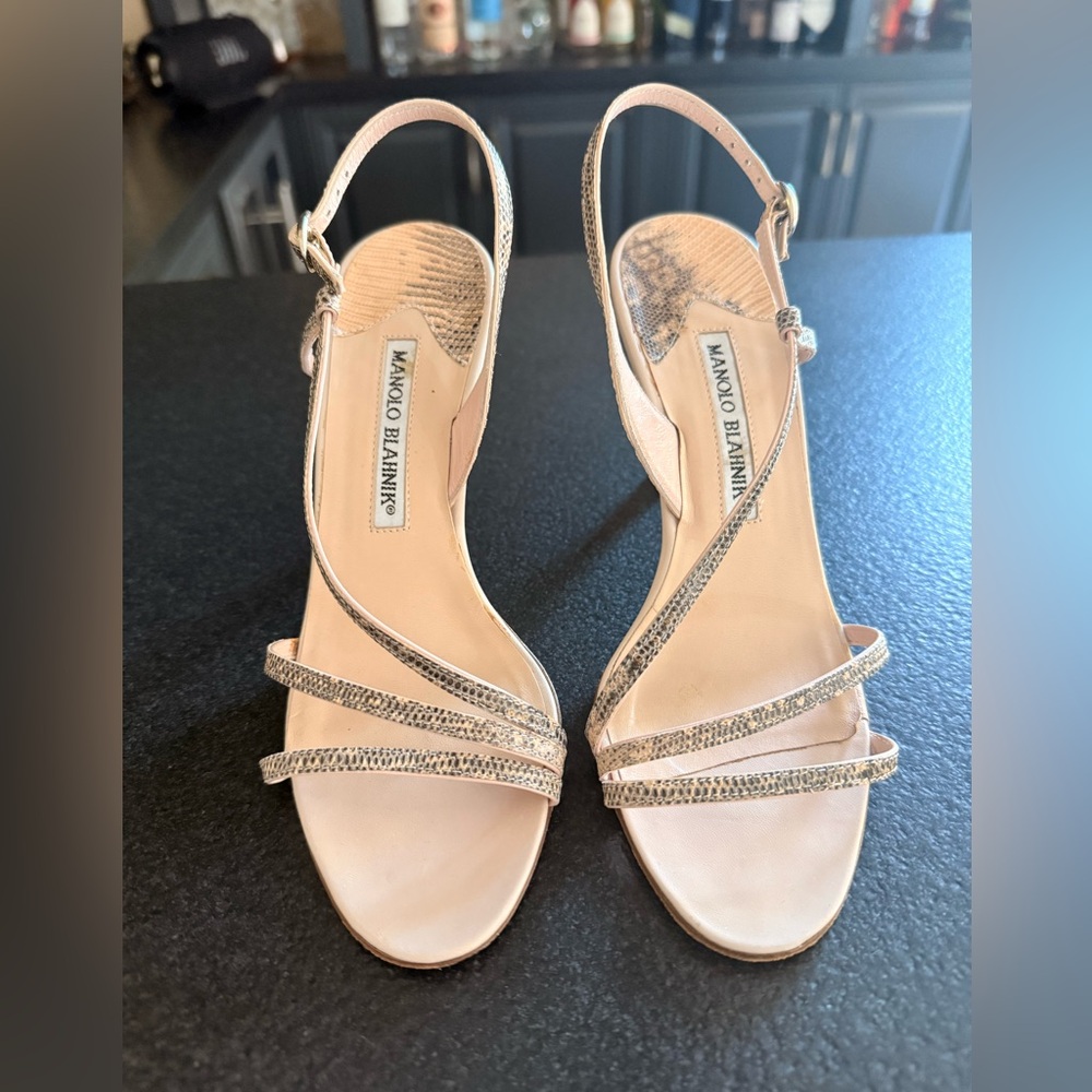 Manolo Blahnik Tunica Pink Lizard Leather Strappy Sandals